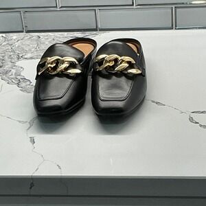 LISA+VICKY Zippy V Black Sheep Nappa Loafer Mule Shoes Gold Chain Women 7M